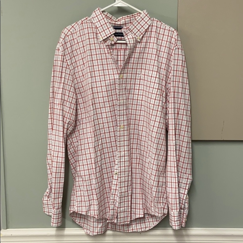 Large nautica button up red blue white good uc